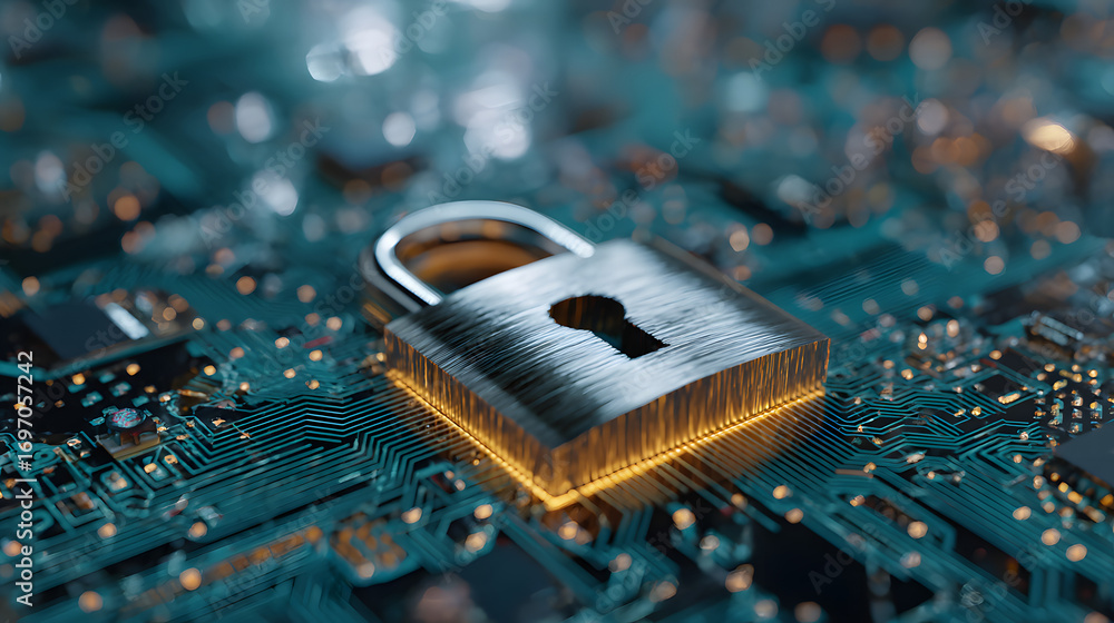 Poster cyber security lock protecting digital data on circut board