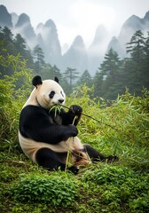 Obraz premium Giant Panda Sitting in a Misty Forest, Nibbling on Bamboo Stalks