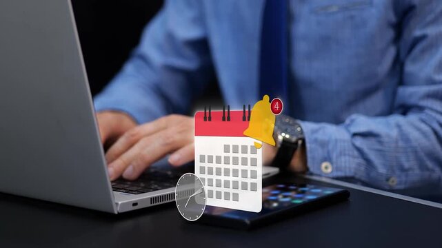 Calendar, clock, and alerts animation on businessman's phone symbolizing time management, planning and control