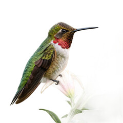 Tiny iridescent hummingbird with vibrant red throat rests delicately on a pale pink lily bloom
