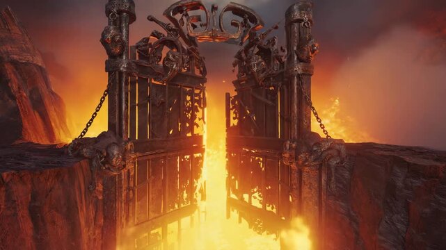 Gates of hell opening on fiery abyss
