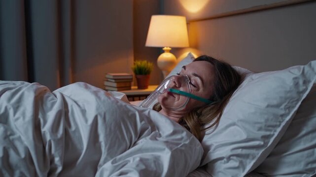 Woman uses CPAP machine while sleeping in a bedroom for better breathing and sleep quality at night