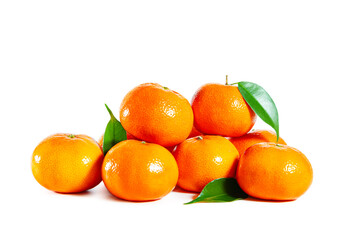 Juicy shiny tangerines with leaves isolated on white background.