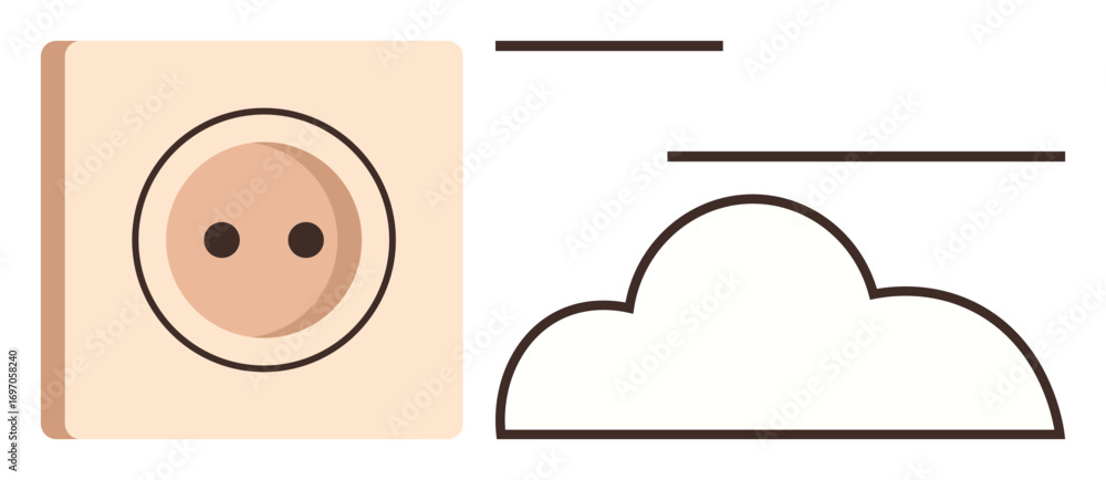 Poster power outlet and cloud connected by abstract lines, combining physical energy and digital data flow.