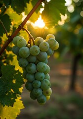 Fototapeta premium Close up of green grape bunch growing on vine in vineyard at sunset. Sunlight highlighting fruit. Agriculture and harvest concept.