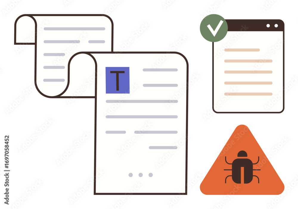 Poster documents with text, browser window with checkmark, and bug alert triangle symbolize content creatio
