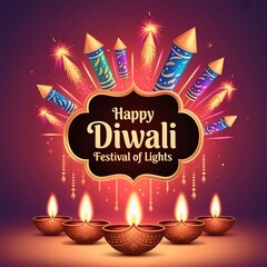 Happy Diwali greeting with decorative fireworks, colorful rockets, and glowing oil lamps on vibrant dark background – AI-Generated