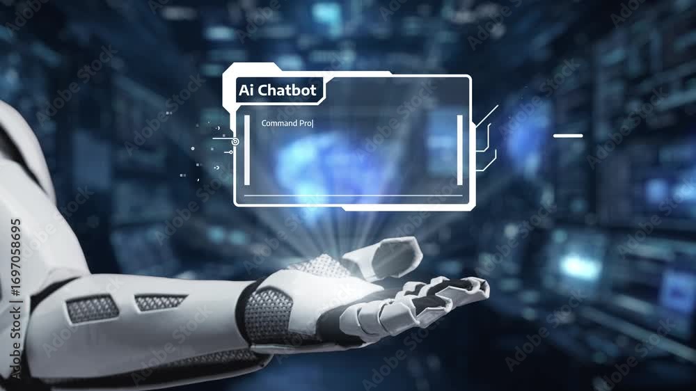 Poster a robotic hand presents an ai chatbot interface showcasing command prompts and cloud elements, repre