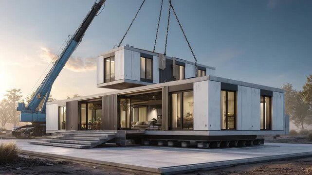 Modern prefabricated house being assembled in a construction site