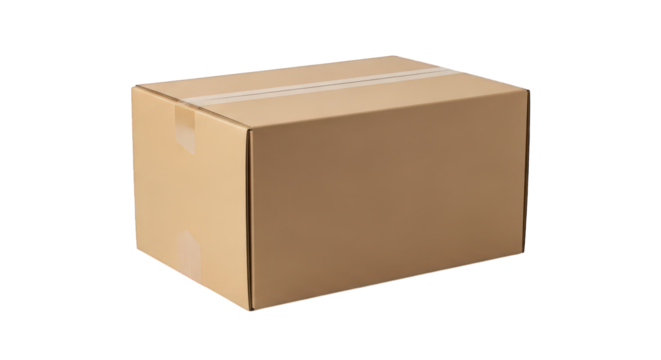 A simple brown cardboard shipping box with tape on the lid, isolated on transparent background, ready for delivery or storage, representing logistics and ecommerce packaging solutions