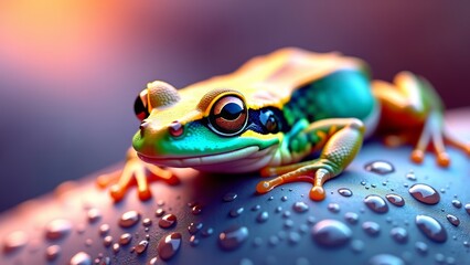 Naklejka premium Colorful frog sitting on dew covered surface