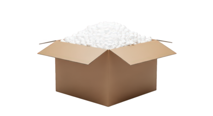 An open brown cardboard shipping box filled with white packing peanuts, isolated on a transparent background, representing shipping, moving, storage, and protection of goods during transit