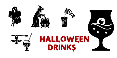 Halloween drinks with ghost, witch, and spooky elements in black and red - vector set