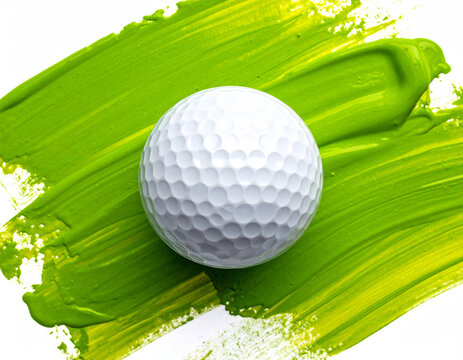 Textured Golf Ball Resting on Vibrant Green Brushstroke Paint Splatter.