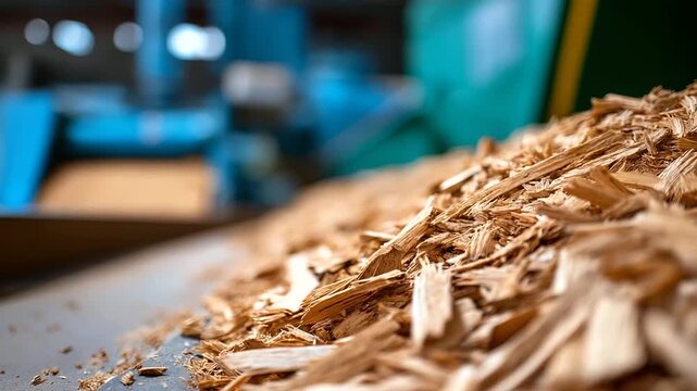 Paper mill facility with wood chip processing and pulping equipment featuring sustainable forestry practices and recycled material integration in manufacturing process blurred