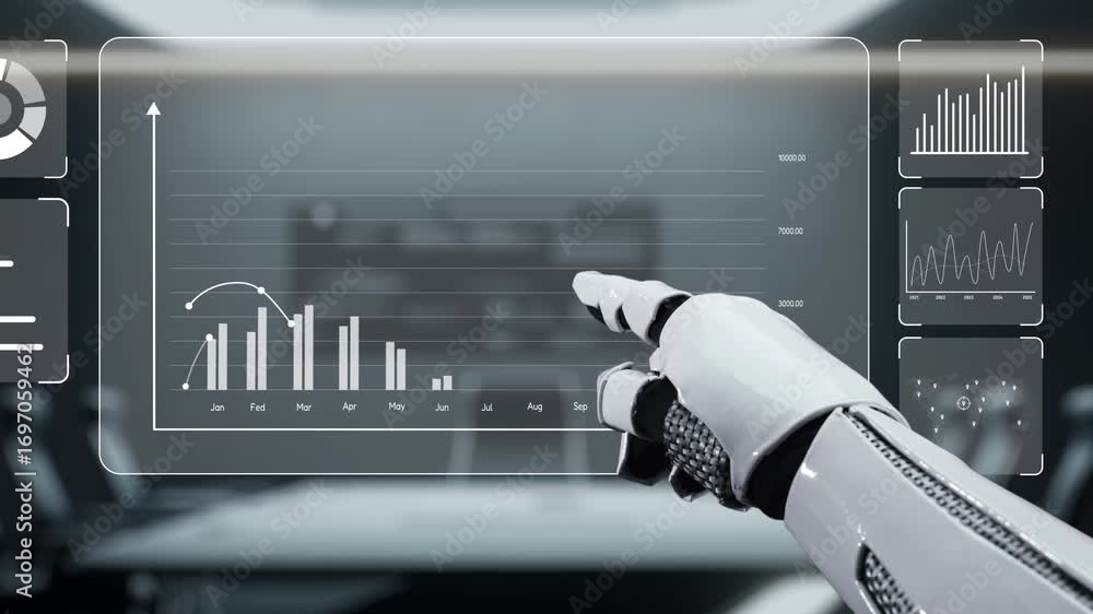 Poster a robotic hand interacts with a digital touchscreen, highlighting data analytics and statistics in a