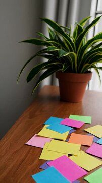 Colorful sticky notes scattered on a wooden table beside a potted plant in a bright indoor setting