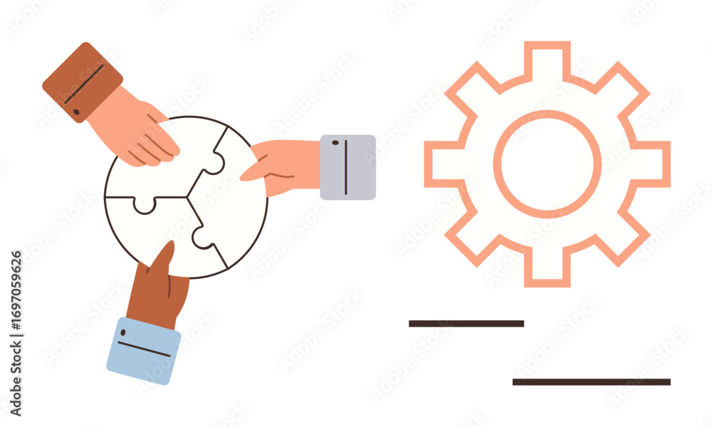 Poster hands assembling circular puzzle pieces and gear in minimal style. ideal for teamwork, collaboration