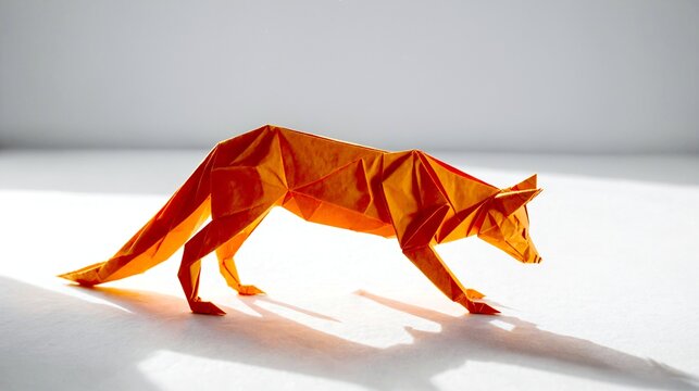 Vibrant orange origami fox sculpture casting a dynamic shadow on a clean white surface.