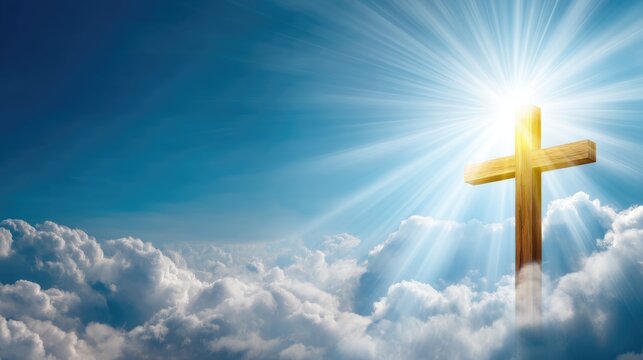 Wooden cross against bright sky with sun rays and soft clouds symbol of faith and divine hope for Holy Cross Day celebration and spiritual renewal - Powered by Adobe