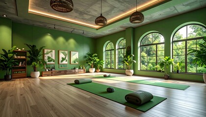 Green yoga studio with large windows