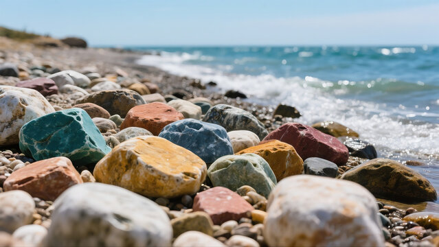 Colorful, smooth stones scattered on a pebbly beach with gentle waves in the background under a clear sky, conveying a peaceful, natural setting.