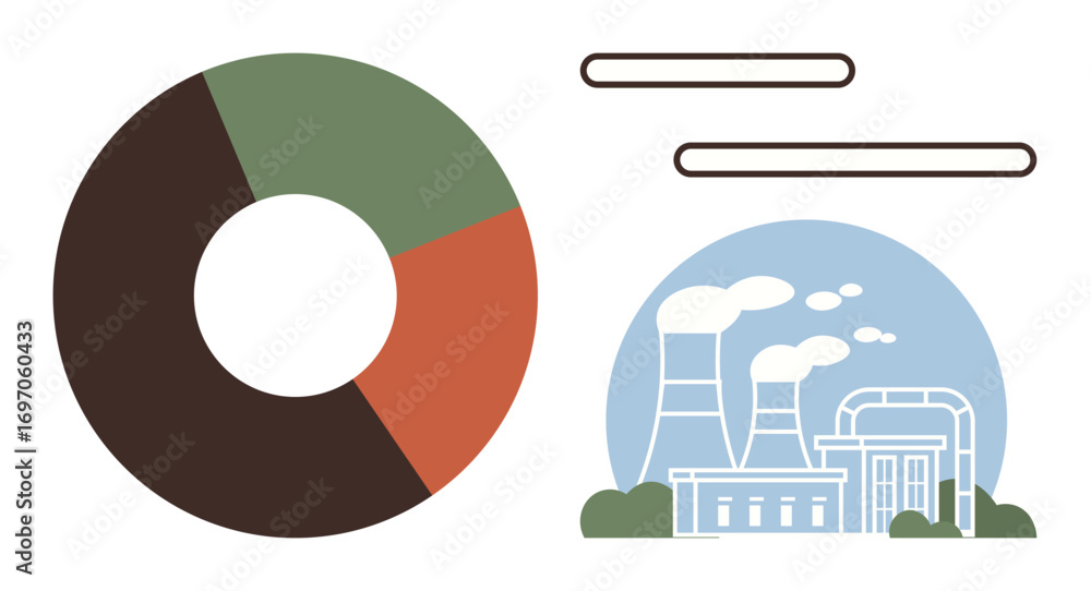 Poster factory with chimneys emitting smoke, bold pie chart displaying sections in earthy tones. ideal for 