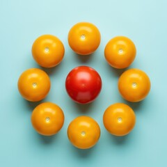 Contrasting red tomato encircled by yellow ones