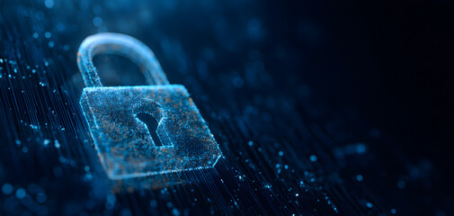 Convey the essence of cyber security technology withan image featuring a digitl padlock representing dat encryption and network prtection, displayed againsta deep blue backdrop, highighting