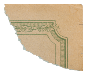 Torn corner of faded vintage book cover, old paper with green floral pattern isolated for collage