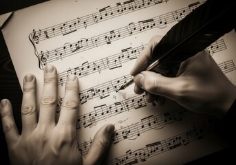 Writing classical music notes on vintage sheet with quill