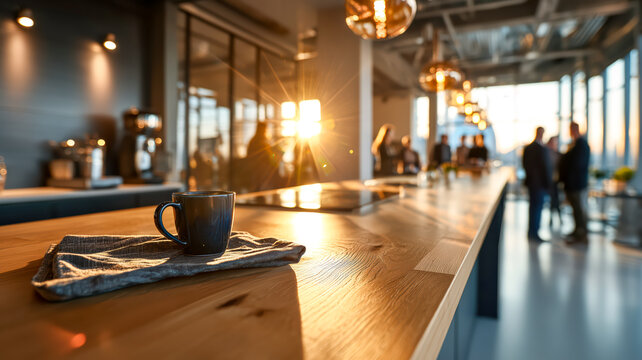 Warm beverage at modern social gathering, sunlit atmosphere, coffee on a napkin in an office setting with people in background.
