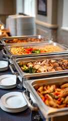 Buffet setup with an array of prepared meals, including chicken and vegetables, arranged in stainless steel trays on a serving table.