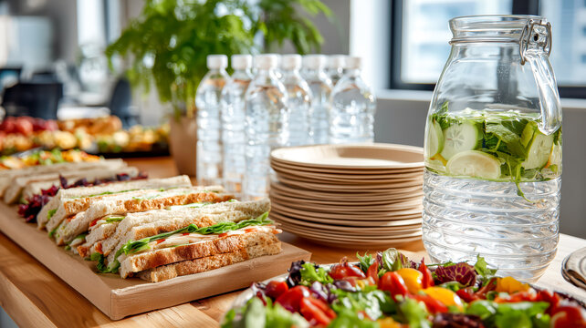 Office luncheon featuring sandwiches, salad, fruit, water bottles, plates, and cucumber-infused water. Healthy and delicious spread.