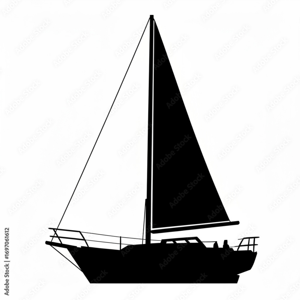 Poster silhouette of a sailboat with a tall mast and two sails set against a plain white background in simp