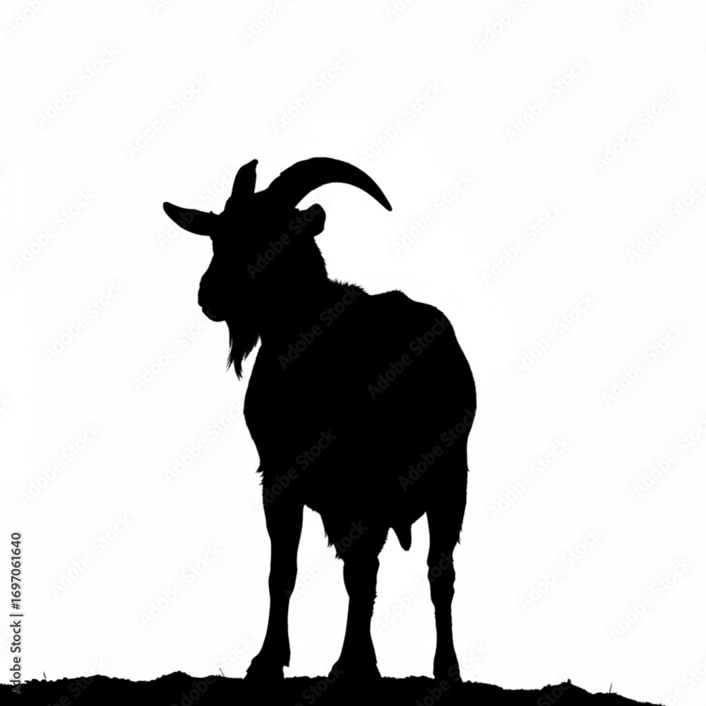 Poster silhouette of a goat standing with large curved horns and a beard against a white background scene v