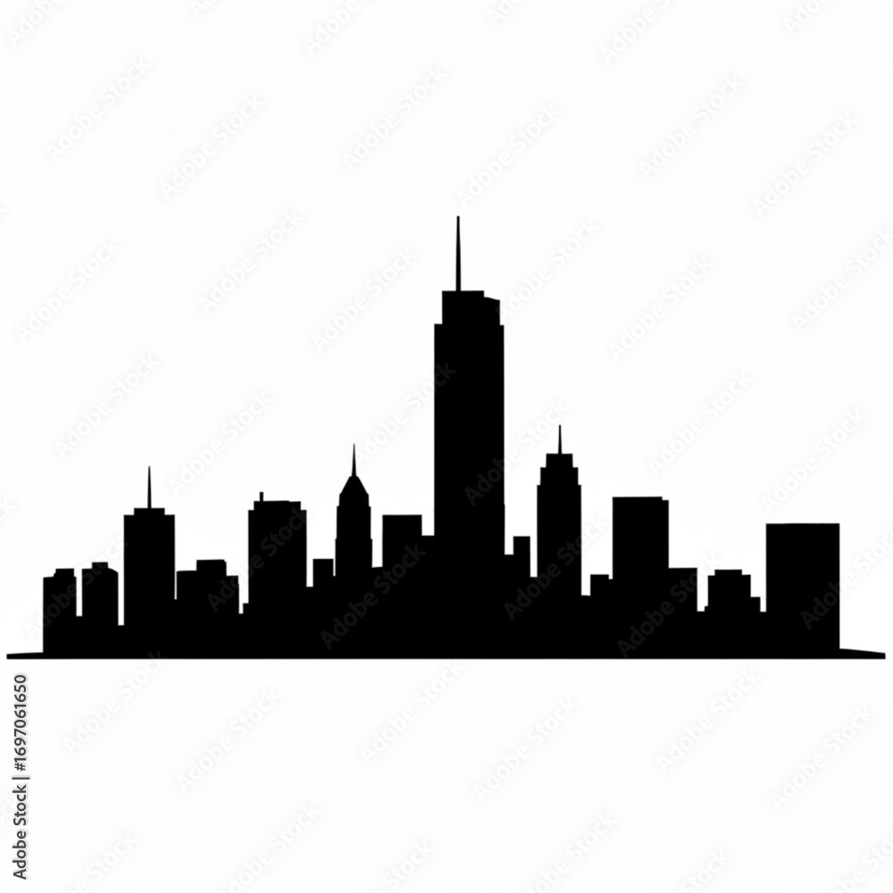 Poster silhouette of a city skyline with various buildings including a tall skyscraper and smaller structur