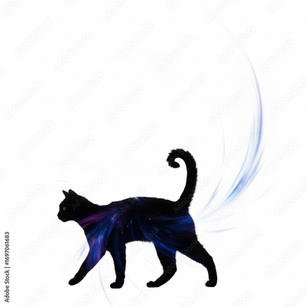 Poster silhouette of a black cat with galaxy pattern walking with a blue swirling effect on white backgroun