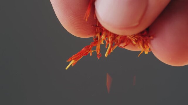 Dried crimson saffron on grey desk close-up macro. Orange red spice for food. Crocus sativus flower saffron