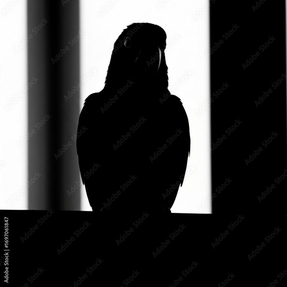 Poster silhouette of a bird perched against a backdrop of vertical black and white stripes creating contras