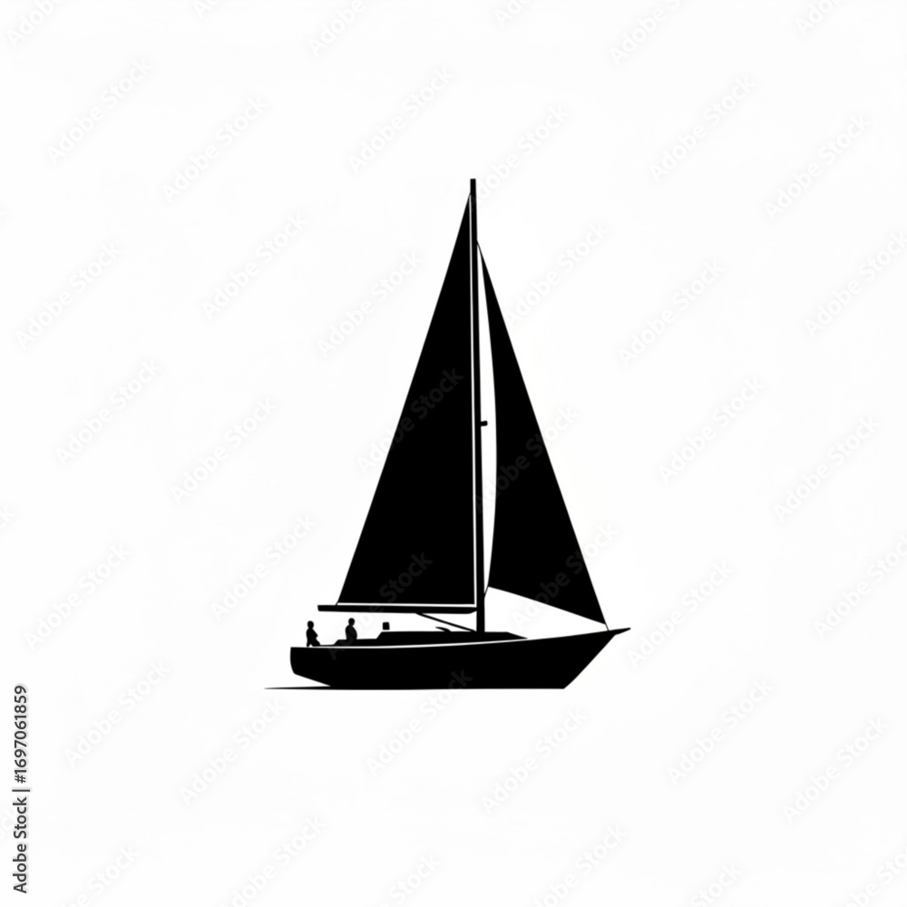 Poster silhouette of a sailboat with two people on board sailing on a calm sea in a minimalist style design