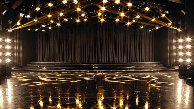 Bright theater stage illuminated with dazzling lights and intricate designs ready for performance in the evening