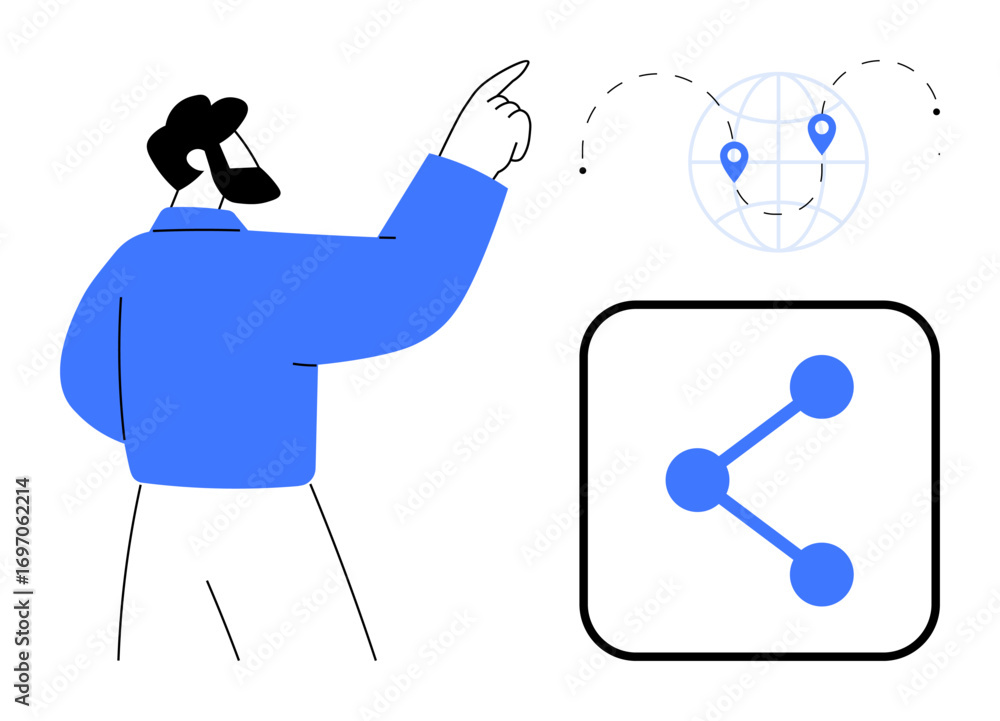 Poster man pointing at a global map with location markers, next to a network sharing diagram. ideal for col