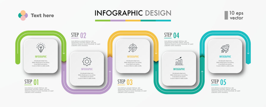 Timeline infographic 5 step vector template trendy color style for presentation, start up project, business strategy, theory basic operation, logic analysis 10 eps