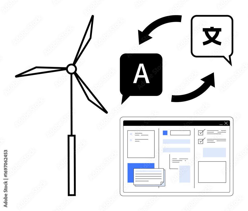 Poster wind turbine beside translation symbols and desktop user interface elements. ideal for renewable ene