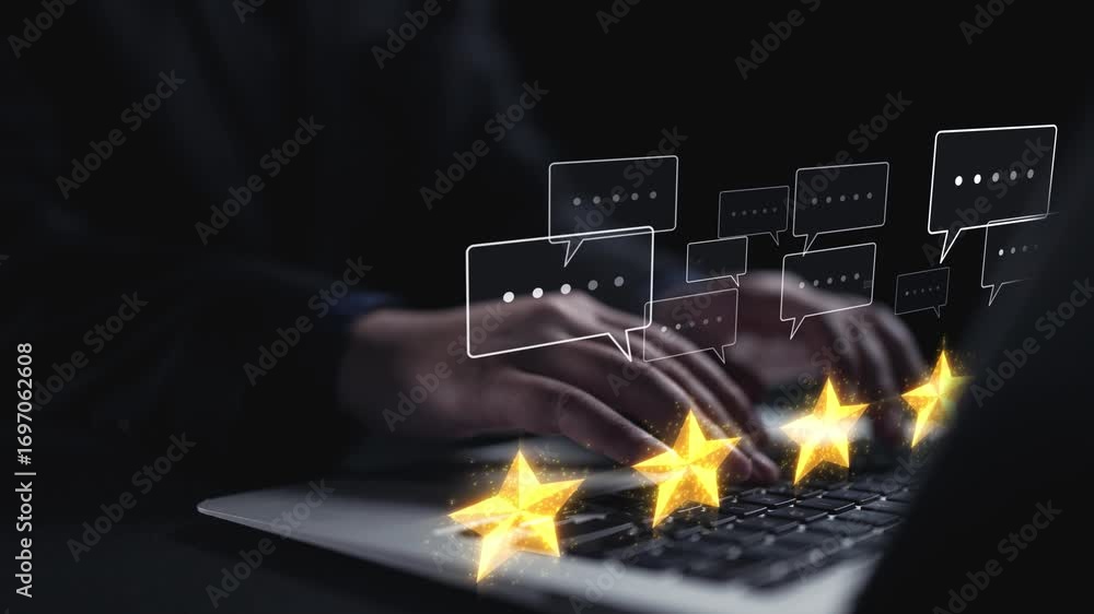 Poster hands typing on a laptop keyboard create an engaging scene surrounded by glowing stars and chat bubb