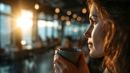 Woman sips coffee, bathed in morning light. Serene moment, enjoying the warmth and tranquility. A peaceful start to the day.