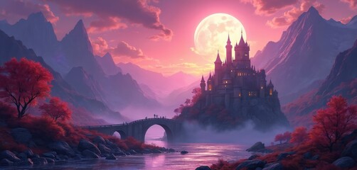 Fantasy landscape features majestic castle perched atop mountain. Surreal sky with vibrant sunset palette. River flows through valley crossed by stone bridge with figures crossing.