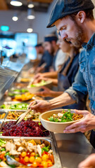 Obraz premium Man selects fresh ingredients from a salad bar, creating a healthy and personalized meal. A vibrant choice for a nutritious lunch.