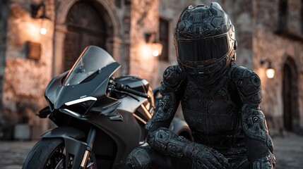 Armored motorcyclist poses with sleek motorcycle in front of old European architecture.